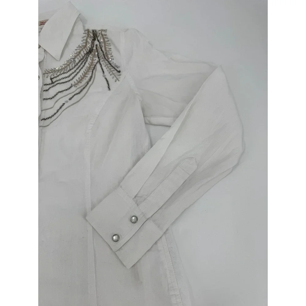 Y2K Reba Western Shirt Womens‎ Medium White Rhinestone Chain Cotton Pearl Snap